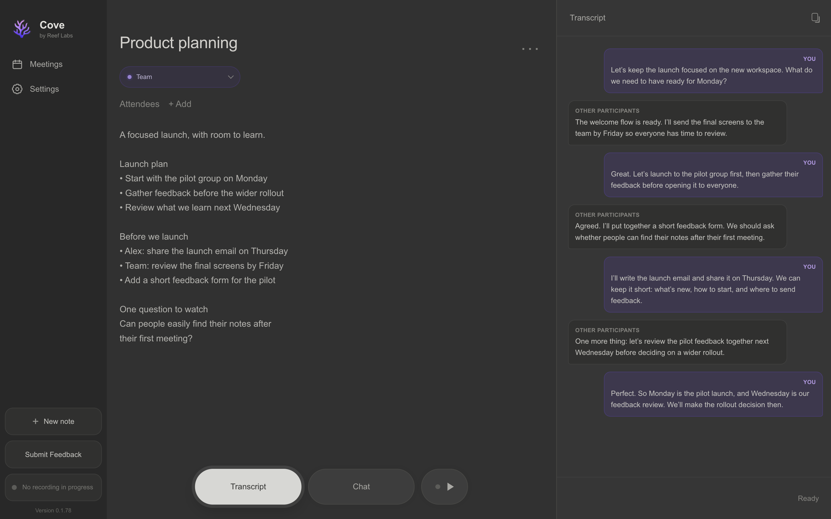 Cove Desktop showing meeting notes alongside the conversation transcript, using a sample product planning meeting.